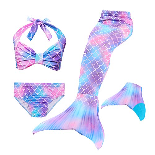 Le SSara 2018 New Muchachas Sirena Tails Bikini Traje de baño 4PCS Traje de baño con Aleta para Nadar Cosplay (120, DH48-Blue)