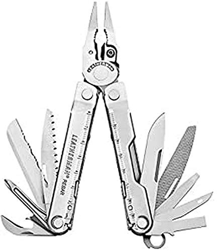 Leatherman Rebar - Multiherramienta con 17 herramientas de bloqueo, herramienta multiusos para bricolaje y camping, hecha en EE.UU., de acero inoxidable, en plata y una funda de cuero