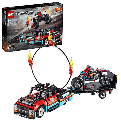 LEGO Technic - Espectáculo Acrobático: Camión y Moto, Set de Construcción de Juguete con Modelo 2 en 1 y Motor Pull-back, Incluye un Aro de Fuego de Juguete (42106)