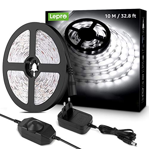 Lepro Tira de LED 10M blanca fría 6000K, Tira luz regulable 600 LED SMD 2835, cadena de luz blanca autoadhesiva, Tira LED 24W 1800lm, Luces de Tiras LED para decoración navideña de cocina interior