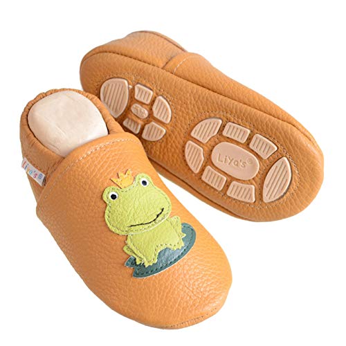 Liya #687a - Zapatillas de piel con suela de goma, diseño de rana, color amarillo, color Amarillo, talla 19/20 EU