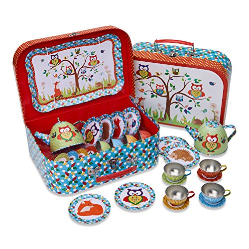 Lucy Locket - Juego de té de Juguete y maletín con Motivos de «Animales del Bosque» de Color Rojo, Azul y Verde - Vajilla Infantil de estaño de 14 Piezas Lucy Locket - Juego de té de Juguete y maletín con Motivos de «Animales del Bosque» de Color Rojo, Azul y Verde - Vajilla Infantil de estaño de 14 Piezas