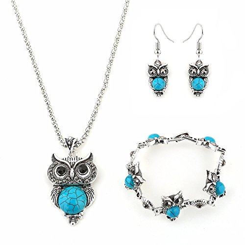 Lumanuby - Conjunto de collar y pendientes de cadena con forma de búho estilo joyas de cristal collar de plata para mujer