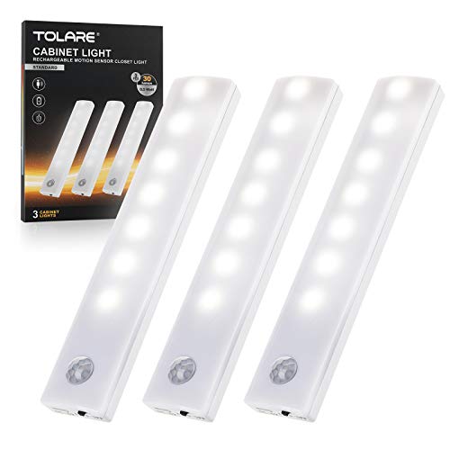 Luz Armario, TOLARE Luz Led Con Sensor De Movimiento Y Banda Magnética, Luz Nocturna Recargable De Gabinete Por Usb 7 LED, Para Habitaciones De Niños, Dormitorios, Escaleras, Armarios ( 3 Pack )