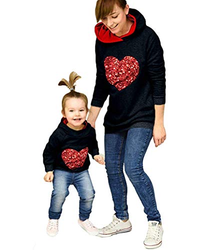 Madre e Hija Sudadera de Manga Larga con Capucha Top de Mamá y Niña Estampado de Corazón con Lentejuelas Madre e Hija Sudadera de Manga Larga con Capucha Top de Mamá y Niña Estampado de Corazón con Lentejuelas