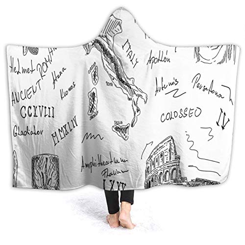 Manta portátil para hombres y mujeres, iconos de época romana, César, Coliseo César, Gladiador y Mapa de boceto, manta súper suave y cálida con capucha de 152 x 132 cm Manta portátil para hombres y mujeres, iconos de época romana, César, Coliseo César, Gladiador y Mapa de boceto, manta súper suave y cálida con capucha de 152 x 132 cm