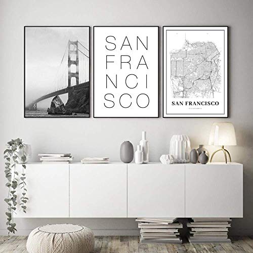 Mapa de San Francisco Impresiones Puente Golden Gate Blanco y Negro Foto Pared Imágenes California EE.UU. Mapa de la Ciudad Lienzo Pintura-40x60cmx3 / sin Marco