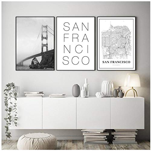 Mapa de San Francisco Impresiones Puente Golden Gate Negro Blanco Foto Arte de la pared Imágenes Lienzo Pintura Carteles e impresiones Decoración para el hogar -50x70cmx3 piezas (sin marco)