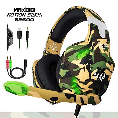 MaxDigi Auriculares Gaming Cascos PS4 con Microfono, Diadema Ajustable, Bass OverEar 3,5mm Jack, Luz LED, Control de Volumen, Bajo Ruido para PS4/Xbox One/Nintendo Switch/PC/Móvil (Camuflaje)