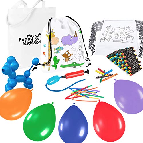 Megapack de 25 bolsas detalles para cumpleaños de niños - 25 mochilas pintables, 50 globos e hinchador - diversión garantizada