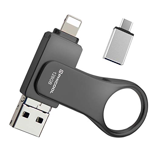 Memoria USB 128GB para iPhone 4 en 1 Unidad Flash USB PHICOOL Unidad Pendrive USB 3.0 para iOS iPhone/iPad OTG y USB C Android Samsung / Huawei / XIAO MI / ONEPLUS PC Mac Computadora Portátil - Negro