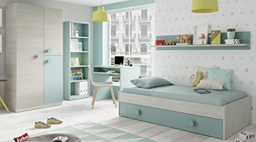 Miroytengo Pack Muebles Dormitorio Juvenil Completo Color Verde y Blanco con somieres 90x190 (Cama, Estante, Armario, Mesa y estanteria)