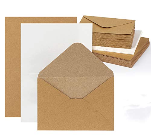 Mocraft - Juego de 30 tarjetas de papel de estraza vintage con sobres y hojas blancas, tarjetas dobles recicladas, para invitación de salud, marrón natural, DIN A6