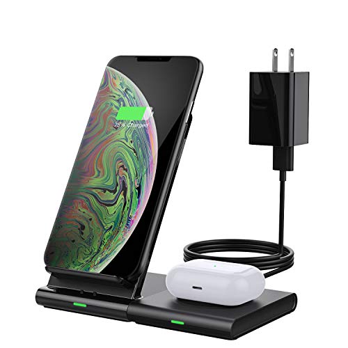 MoKo Qi Cargador Inalámbrico Rápido Wireless Charger, 2 en 1 Estación Base de Carga para iPhone 12/11/AirPods Pro, S20/S10/Note 20/Galaxy Watch 3 41mm/45mm/42mm/46mm/Active 2/1/S3/Buds (Adaptador QC)