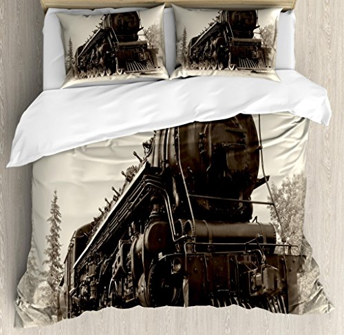 Motor de Vapor de edredón por Ambesonne, antiguo del norte Express tren Canadá impresión fotográfica de máquina de mercancías ferrocarril, decorativo juego de cama con almohada, negro gris