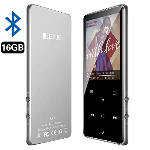 MP3 BENJIE 16GB 2.4" Reproductor de MP3, MP3 Bluetooth HiFi sin pérdida de sonido, FM Radio, Grabadora de voz con Auriculares, Reproductor de Video Botón Táctil Altavoz de Música, Admite Hasta 128 GB