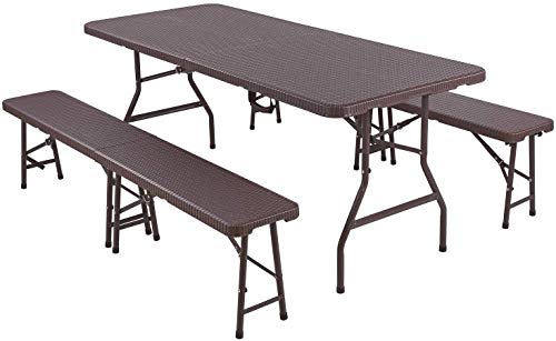 MVPower Conjunto de Mesa y Bancos de Jardín y Terraza, Mesa y Banco Plegable de Imitación de Rratán, con Estructura de Acero y Asa, Estable, Mesa ca :180.5 x 75.5 x 73cm, Bancos ca :183 x 28x 42.5cm MVPower Conjunto de Mesa y Bancos de Jardín y Terraza, Mesa y Banco Plegable de Imitación de Rratán, con Estructura de Acero y Asa, Estable, Mesa ca :180.5 x 75.5 x 73cm, Bancos ca :183 x 28x 42.5cm