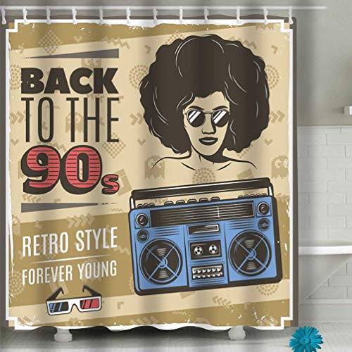 N\A Juego de Cortinas de baño con Ganchos - SPA, Hotel, Repelente al Agua Estilo Vintage de los años 90 Cartel Disco Gafas de Sol para Mujer Boombox Retro Bright