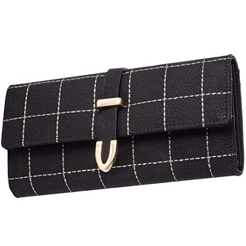 NALCY Billetera Mujer, Billetera a Cuadros De Tres Pliegues, Cartera For Mujer, Sección Larga, Billetera De Cuero, Regalo, Negro NALCY Billetera Mujer, Billetera a Cuadros De Tres Pliegues, Cartera For Mujer, Sección Larga, Billetera De Cuero, Regalo, Negro