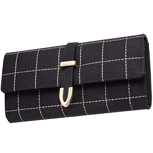 NALCY Billetera Mujer, Billetera a Cuadros De Tres Pliegues, Cartera For Mujer, Sección Larga, Billetera De Cuero, Regalo, Negro