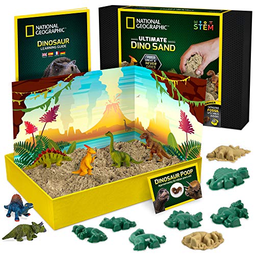 National Geographic Dinosaur Play Sand - 907 Grams of Play Sand, 6 Moulds, 6 Dinosaur Figures, A Kinetic Sensory Sand Activity Kit for Boys and Girls