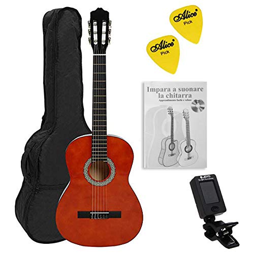 NAVARRA NV15PK Guitarra clásica STARTER PACK 1/2 honey con bordes negro incl. funda con correas tipo mochila y bolsillo para partituras/accesorios, Libro con muchos hit-canciones y CD, Cliptuner pantalla LCD de aguja con iluminación de fondo, 2 Púa