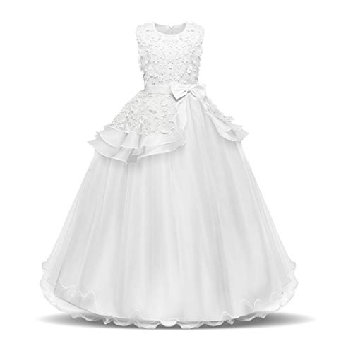 NNJXD Vestido de Princesa del Desfile con Encajes sin Mangas Falda de Fiesta para Niñas Talla (150) 10-11 años 354 Blanco-A