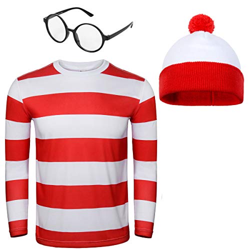 NUWIND - Conjunto de gorro, gafas y camiseta de rayas rojas y blancas para disfraz de Halloween o fiesta de disfraces NUWIND - Conjunto de gorro, gafas y camiseta de rayas rojas y blancas para disfraz de Halloween o fiesta de disfraces
