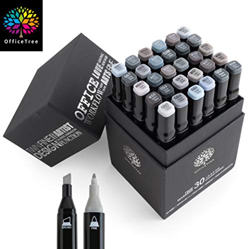 OfficeTree Set con 30 Marcadores de Fibra Touch Twin Marker – Tono de Grise - para Diseño, Bocetos, Ilustraciones, Dibujo OfficeTree Set con 30 Marcadores de Fibra Touch Twin Marker – Tono de Grise - para Diseño, Bocetos, Ilustraciones, Dibujo