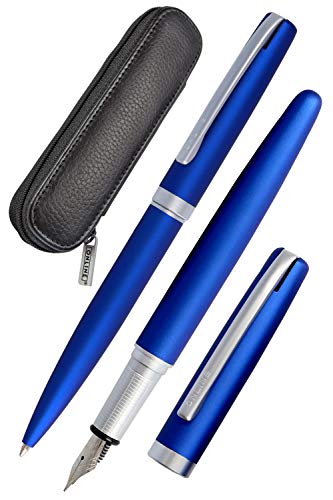 Online Eleganza - Juego de escritura (incluye bolígrafo, pluma estilográfica, estuche de piel auténtica), color azul satinado