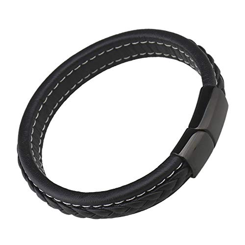 OTOTEC Pulsera de cuero para hombre, color negro, clásico, de acero inoxidable, con cierre magnético, para hombres y mujeres