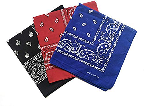 Pack 3 Pañuelos Bandanas Paisley de Algodón 55x55cm para Cuello o Cabeza Múltiuso Unisex (negro+rojo+azul, Talla única)