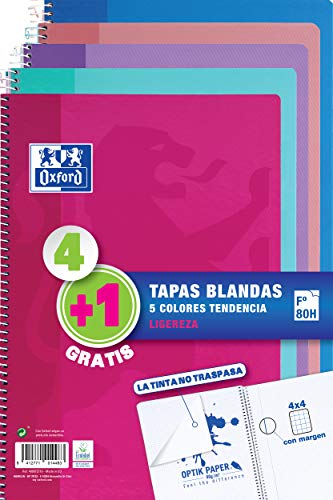 Pack 4+1 Cuadernos Folio(A4) Oxford. Tapa Blanda. 80 Hojas cuadrícula 4x4. Surtido aleatorio tendencia.