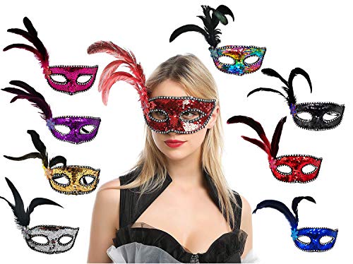 Pack 8 de Máscara de Carnaval de Pluma Colombina, Antifaz Veneciana con Brillantina y Plumas Suaves, Disfraz de Fiesta