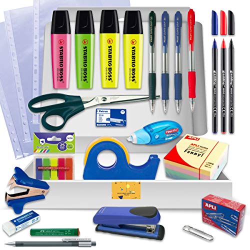 Pack Material Oficina - PS BASICS OFFICE (PREMIUM) - Kit de material Oficina: Subrayadores, Bolígrafos, Corrector Tipp-ex, Cinta Adhesiva, Tijeras, Grapadora. Productos de Papeleria al Mejor Precio