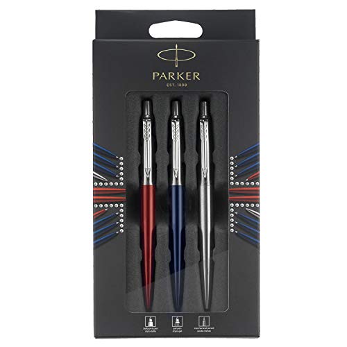 Parker Jotter London - Paquete Trio Discovery bolígrafo de color azul Royal, bolígrafo de gel de color rojo Kensington y portaminas de acero inoxidable