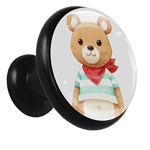 perillas de baño Cachorro de oso pardo de dibujos animados perillas de mesillas de noche perillas de escritorio negras para juego de dormitorio de 4 1.26x1.18x0.66in