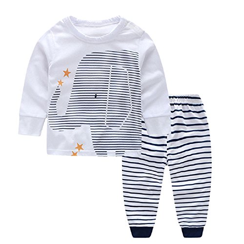 Pijama para Bebé Niño Manga Larga Algodón Parte Superior del patrón de Elefante+Pijama de Rayas horizontales Pijamas Enteros（Elefante，18-24 Meses）