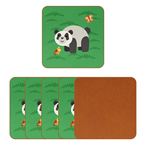 Posavasos de cuero para bebidas, diseño de panda verde, cuadrado, para proteger muebles, resistente al calor, decoración de bar, juego de 6