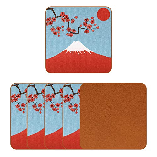 Posavasos de cuero para bebidas, Fuji Mountain Japan Scenery Print cuadrado taza taza almohadilla para proteger muebles, resistente al calor, decoración de bar de cocina, juego de 6