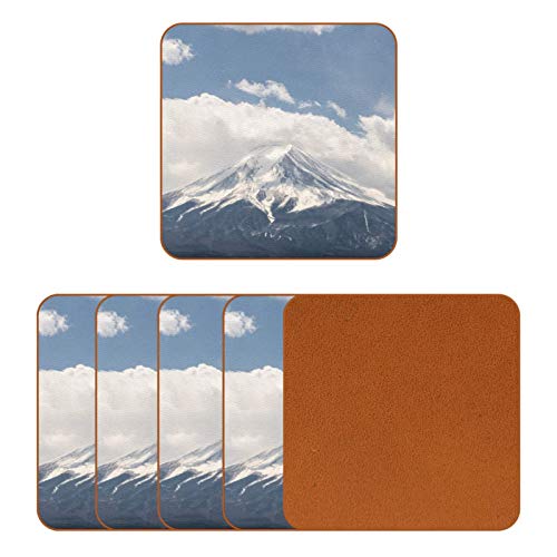 Posavasos de cuero para bebidas, Fuji Mountain Japan Scenery Print cuadrado taza taza almohadilla para proteger muebles, resistente al calor, decoración de bar de cocina, juego de 6