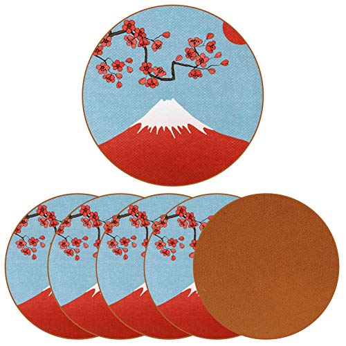 Posavasos para bebidas Fuji Mountain Japan Scenery Print de piel redonda taza taza almohadilla para proteger muebles, resistente al calor, decoración de bar de cocina, juego de 6
