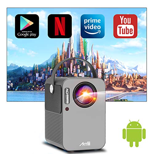Proyector WiFi Bluetooth Android TV 9.0, Artlii Play Proyector Portátil, Corrección Keystone 4D de ± 45 ° y Zoom, Altavoces Duales, Cine en Casa de 150 "