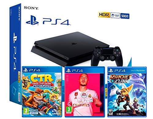 PS4 Slim 500Gb Negra Playstation 4 Consola (Pack 3 Juegos) + FIFA 20 + Crash Team Racing: Nitro Fueled + Ratchet & Clank