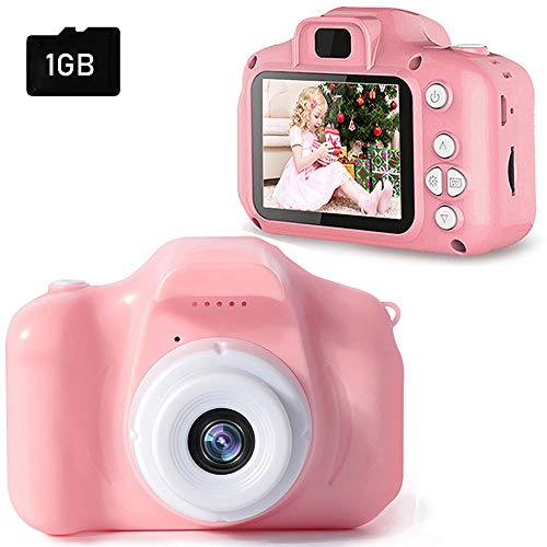 PTHTECHUS Cámara para Niños con Tarjeta 1GB TF, Mini Cámara Digitale Niños, Video cámara Infantil con Pantalla 2 Pulgadas HD 1200 MP/1080P Doble Objetivo, a Prueba de Golpes, Rosa, Cumpleaños