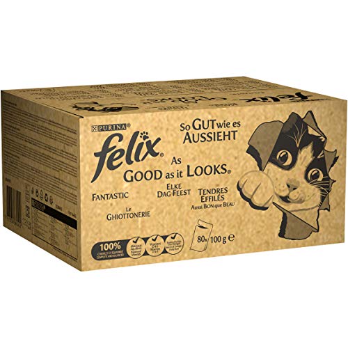 Purina Felix Le Ghiottonerie - Comida para Gatos con Ternera, Pollo, Bacalao y atún, 80 Sobres de 100 g Cada una