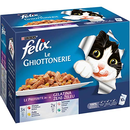 Purina Felix Le Guottonerie - Comida de Gato Le Preferite con Ternera, gallina, salmón y atún, 60 Sobres de 100 g Cada una (6 Paquetes de 10 x 100 g)