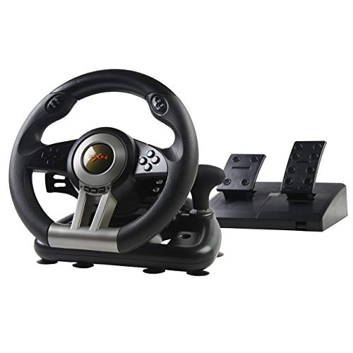 PXN V3II Volante de Juego de Carreras con Pedales Ajustables, 180 ° USB Universal Volante Gaming de Coches para PC, PS3, PS4, Xbox One, Nintendo Switch - Negro