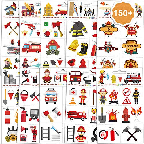 Qpout 150+ piezas Tatuajes temporales de bombero para niños, tatuaje falso de fuego Etiqueta de tatuaje impermeable de bombero bombero para niños Niñas fiesta de cumpleaños bolsa llena Educación