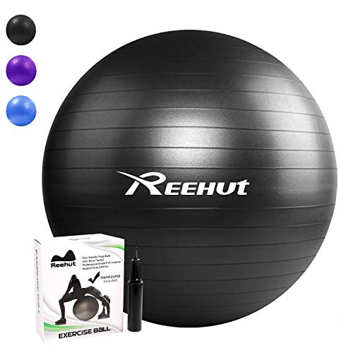 REEHUT Pelota de Ejercicio Anti-Burst para Yoga, Equilibrio, Fitness, Entrenamiento, incluidos Bomba y Manual de Usuario - Negro 55cm